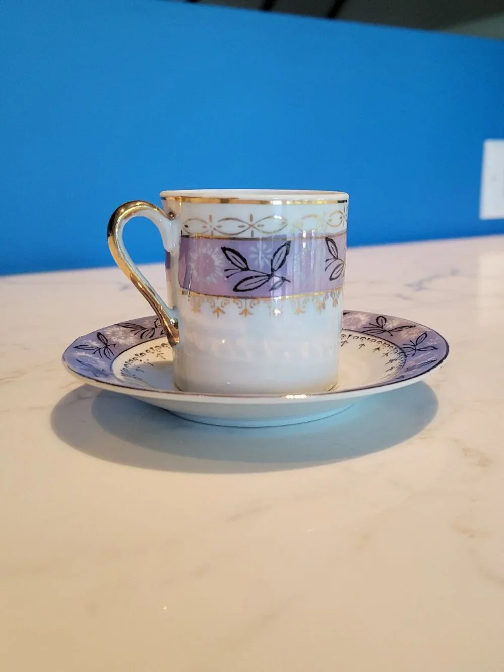 Vintage Lavender Porcelain Demitasse Espresso Cup & Saucer Set Gold Gilt